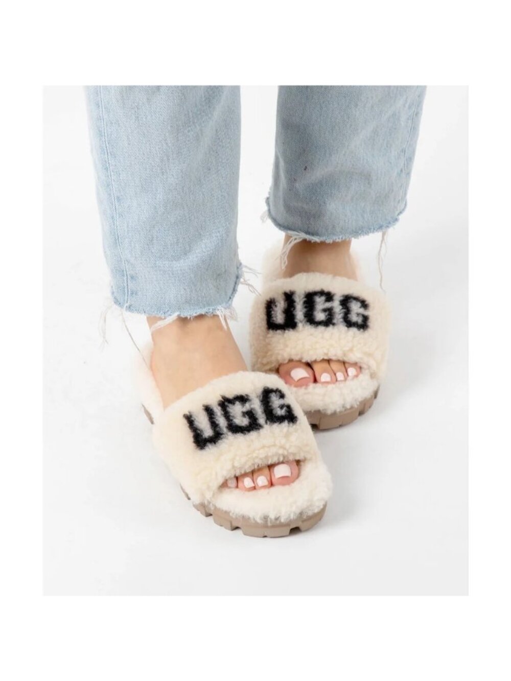 UGG Cozetta Curly Graphic Logo Slide Slippers Natural Women’s Size 8 NWB - Picture 4 of 7